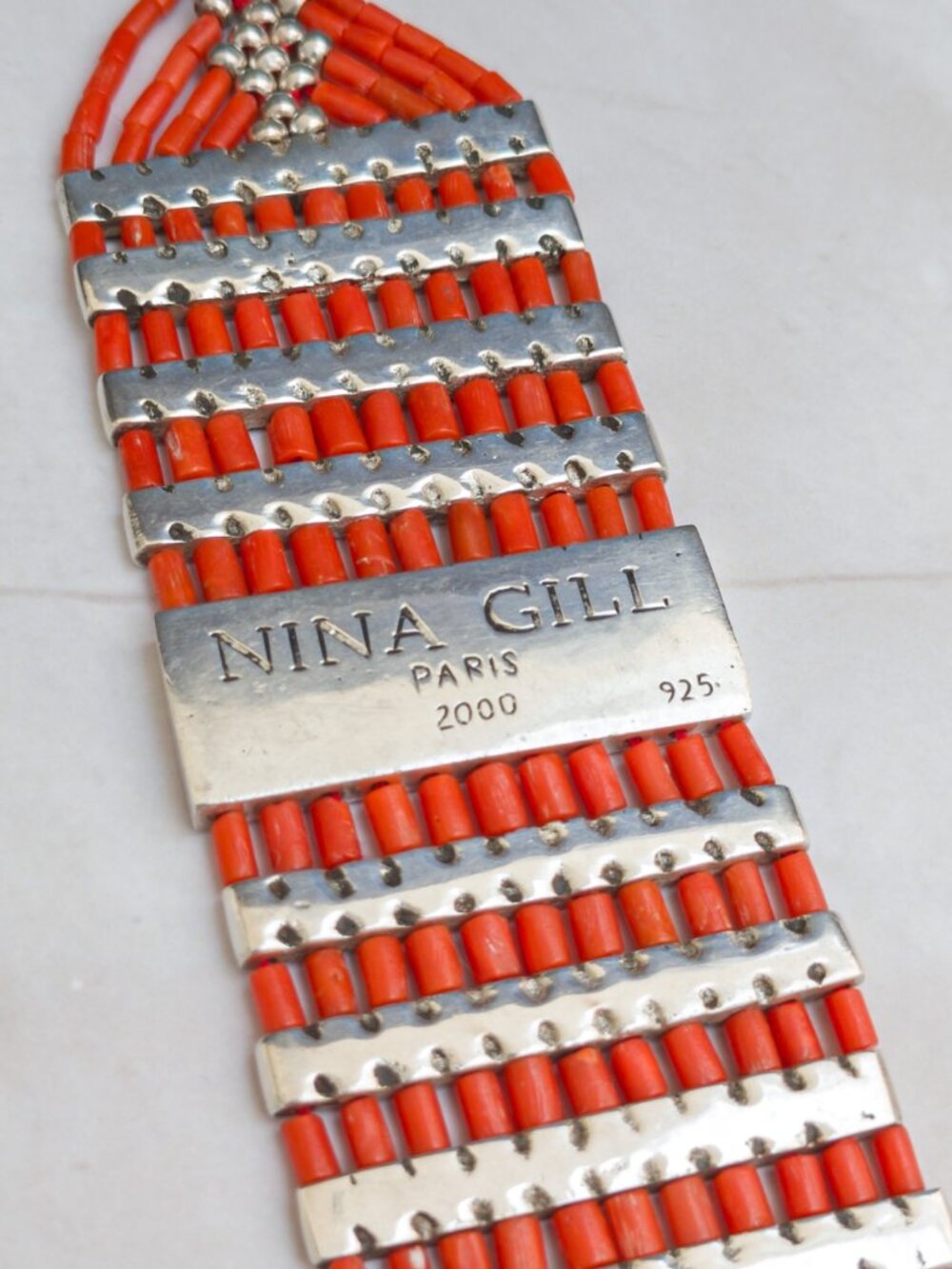 Nina Gill Paris Coral & Sterling Wide Bracelet (83.7g)